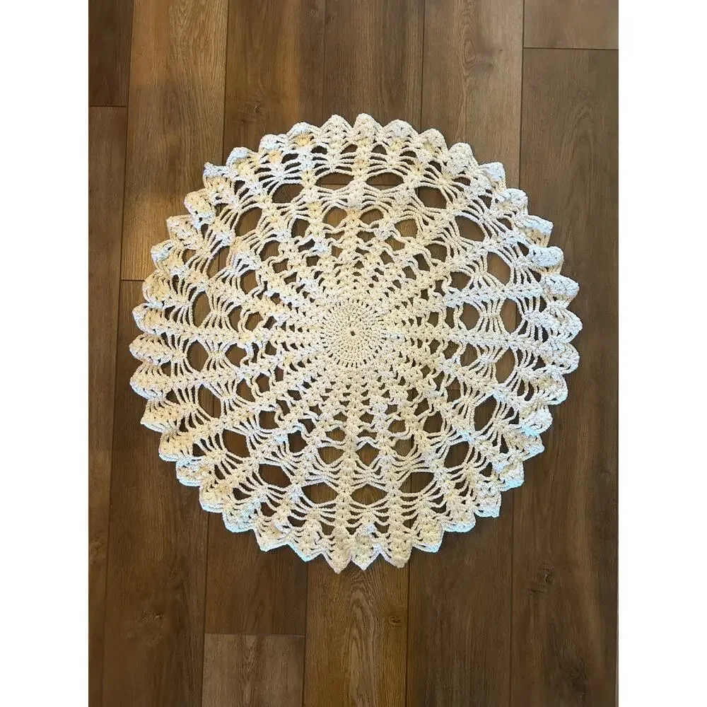 Hand Crocheted Round Table Topper Centerpiece Doily 32” Cream Farmhouse Boho
